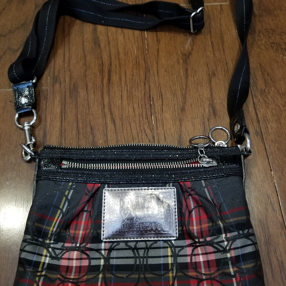 Coach signature red tartan plaid crossbody bag.